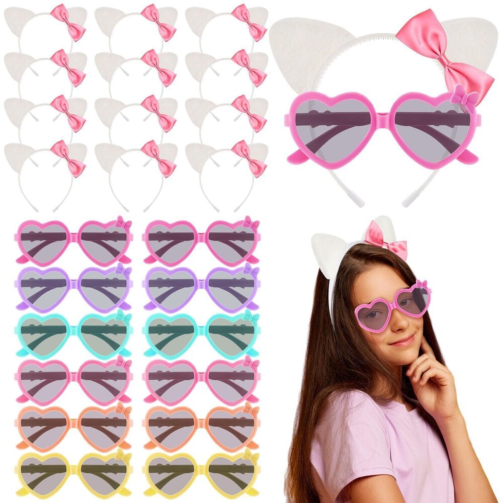 3157 24 Pcs Kitty Cat Ears Headband Birthday Party Gifts Kitten Bow Heart